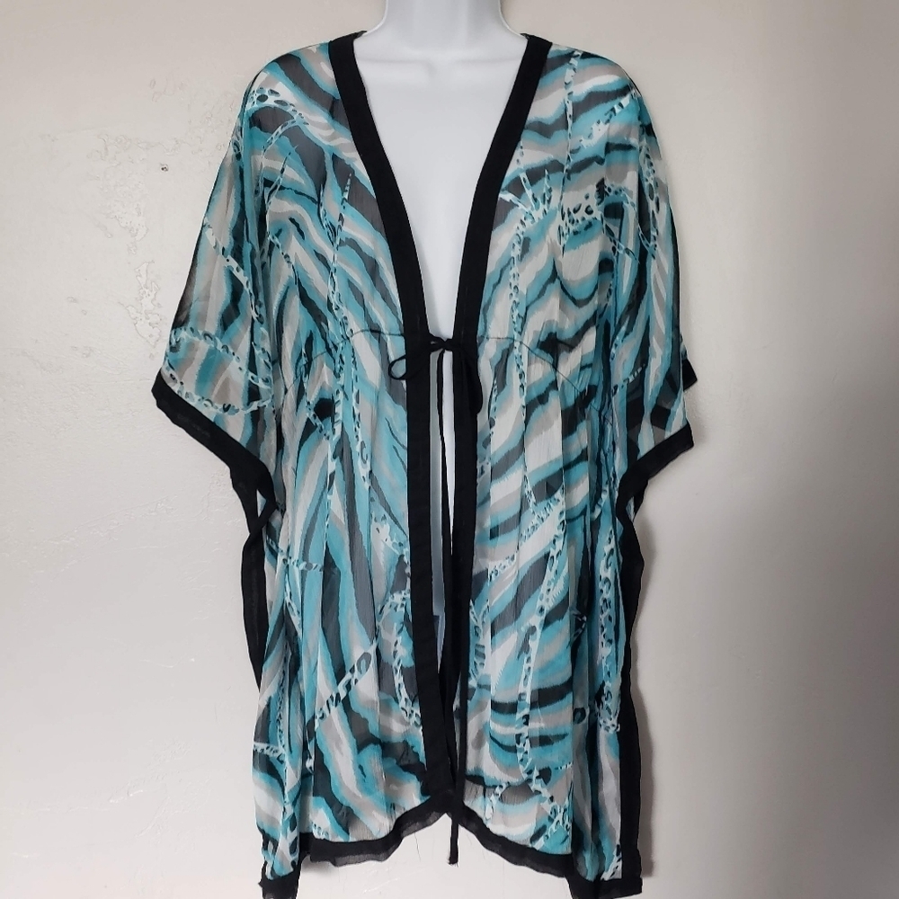 CZ Cover-Ups Women's Small Blue White Black Chiffon Swim Beach Cover Mini Dress